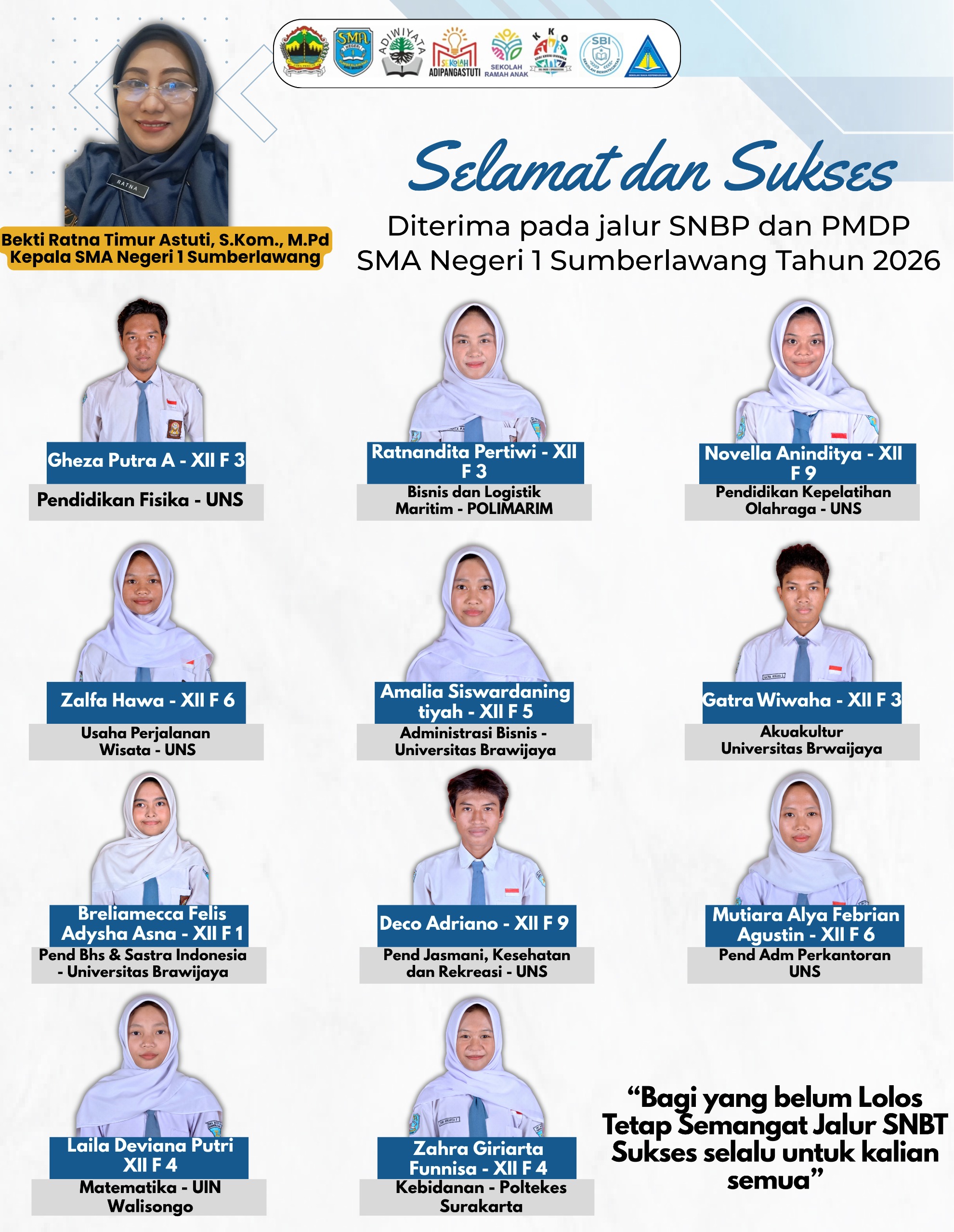 Daftar Murid Diterima Di Perguruan Tinggi Melalui Jalur Prestasi (SNBP) SMA Negeri 1 Sumberlawang Tahun 2026